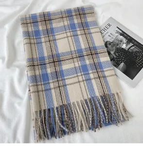Winter warm blue plaid scarf for women, classic tassel design, soft and cozy winter shawl.