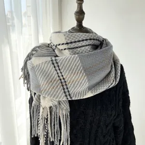 Écharpe d'hiver chaude et épaisse à carreaux avec franges, foulard confortable pour femmes.