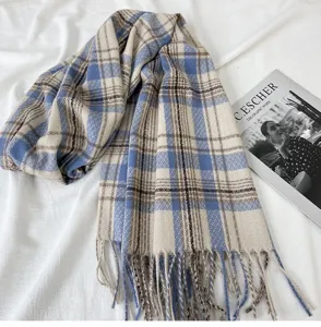Cozy winter plaid scarf for women, thick warm cashmere-feel tassel wrap in stylish blue design.