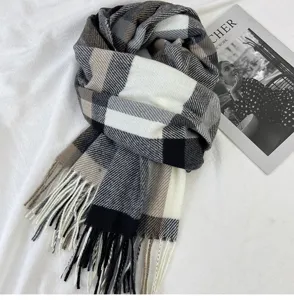 Classic plaid winter scarf with tassels, soft cashmere feel, warm and stylish accessory.