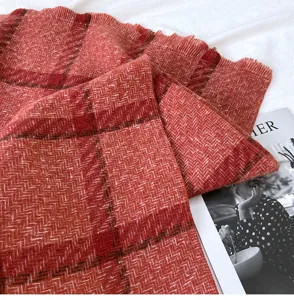 Red herringbone plaid scarf detail, winter warm tassel shawl for women and couples fashion.