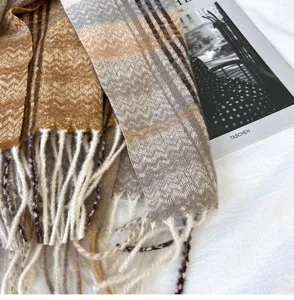 Cozy cashmere-feel plaid tassel scarf for women, thick warm winter shawl and neck wrap.