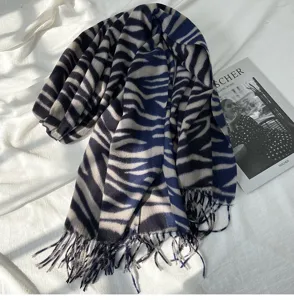 Winter imitation cashmere scarf, stylish zebra pattern with tassels, warm detail shawl.