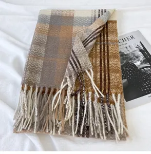 Classic plaid tassel winter cashmere feel scarf detail view, warm and soft autumn accessory