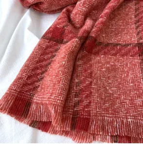 Cozy red plaid imitation cashmere scarf with fringe, perfect warm winter accessory for women.