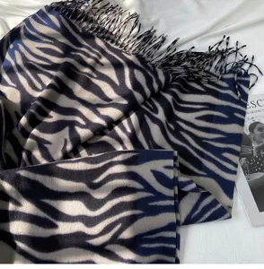 Autumn winter imitation cashmere scarf women chic striped print fringe shawl warm neckerchief