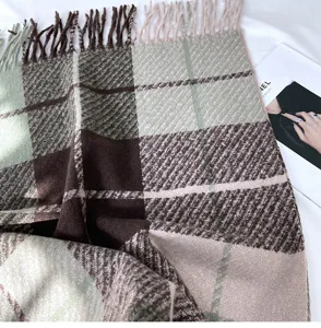 Thickened plaid tassel scarf for women, cozy imitation cashmere winter warm shawl in green and brown.