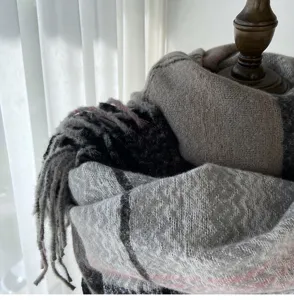 Cashmere-feel plaid tassel scarf detail, soft and warm winter neckerchief for women.