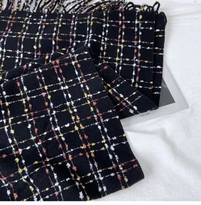 Black plaid imitation cashmere winter scarf with tassels, cozy and warm fashion shawl for women.