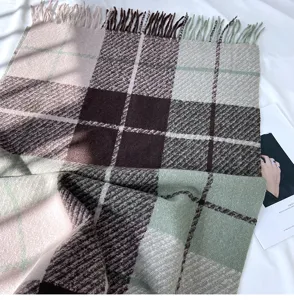 Thickened imitation cashmere plaid tassel scarf for women, cozy winter warm shawl in brown and green.