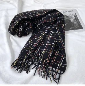 Winter women's black plaid tassel scarf, cozy imitation cashmere warm wrap shawl.