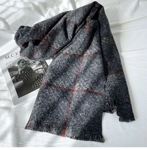 Grey black plaid tassel scarf detail view, winter warm imitation cashmere shawl neckerchief