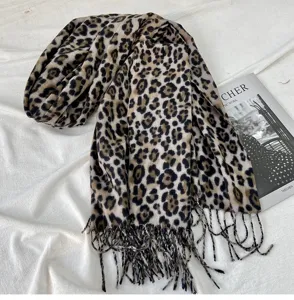 Leopard print winter tassel scarf cozy imitation cashmere shawl fashion women warm neck wrap