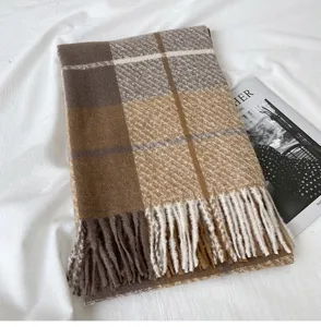 Thickened plaid tassel scarf for women autumn winter imitation cashmere warm cozy shawl