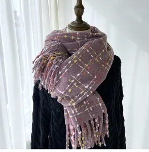 Women winter plaid imitation cashmere scarf cozy warm tassel shawl close detail display.
