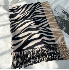 Winter imitation cashmere zebra pattern color block scarf with fringe for women warm shawl
