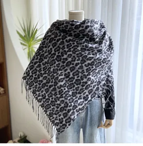 Classic grey leopard print scarf winter warm imitation cashmere tassel shawl for women fashion