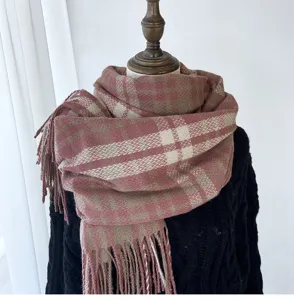 Thickened plaid imitation cashmere scarf for women winter warm classic tassel shawl wrap