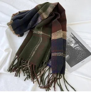 Cozy winter plaid tassel scarf, thick imitation cashmere, vintage tartan pattern, warm wrap.