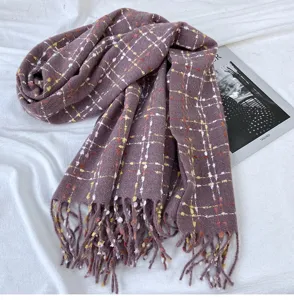 Winter purple plaid cashmere feel fringe scarf women warm thick fashion soft neck wrap shawl accessory