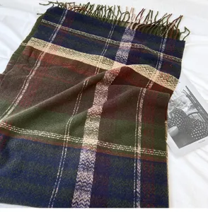 Women winter plaid cashmere feel fringe scarf thick warm cozy vintage shawl detail view.
