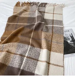 Cozy brown plaid winter scarf with fringe, thick soft cashmere-feel shawl for women.
