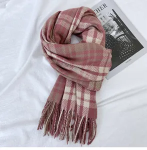 Thickened pink plaid imitation cashmere winter scarf with fringe detail for women.