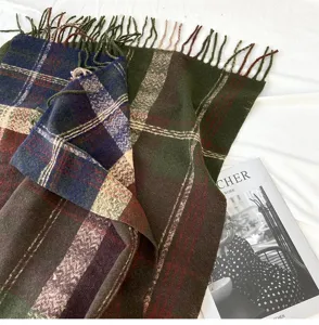 Autumn winter plaid tassel scarf soft warm cashmere feel shawl vintage thick neck wrap for women