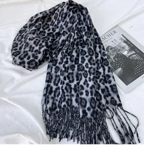 Classic black grey leopard print scarf women autumn winter imitation cashmere warm fringe shawl