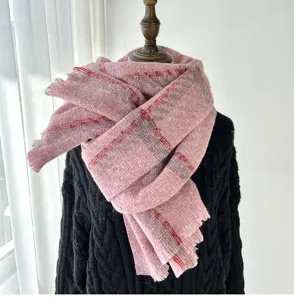 Pink plaid cashmere-feel winter scarf warm tassel shawl detail with soft cozy texture.