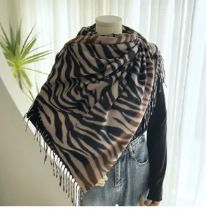 Brown zebra print cashmere feel winter warm scarf fashionable tassel shawl for women