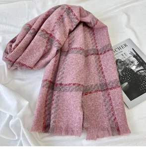 Pink plaid cashmere-feel fringed scarf winter warm thick cozy women neck wrap shawl