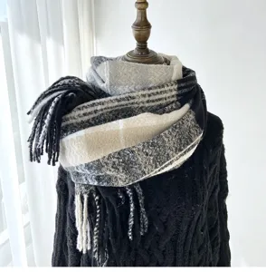 Women winter warm cashmere feel plaid fringe scarf, cozy thick shawl neck wrap detail view.