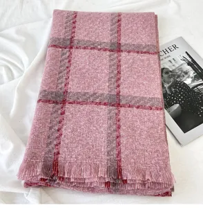 Cozy pink plaid cashmere feel scarf with chic fringe for women autumn winter warmth.