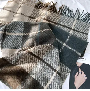 Thickened imitation cashmere plaid tassel scarf for women, cozy winter warm wrap.