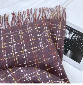 Winter warm imitation cashmere plaid scarf for women, elegant tassel shawl and cozy neck wrap.