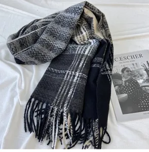Black and white plaid winter scarf with cozy fringe detail, soft imitation cashmere fabric.