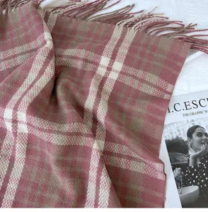 Pink plaid cashmere feel winter scarf warm cozy fringe shawl for women daily wear new