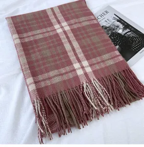 Cozy winter plaid cashmere-feel scarf, warm tassel shawl wrap for women cold weather daily wear.