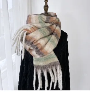 Automne hiver écharpe mohair carreaux franges doux chaud effet cachemire femme châle