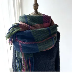 Thickened plaid tassel scarf detail view, cozy winter neck warmer in soft cashmere-like fabric.