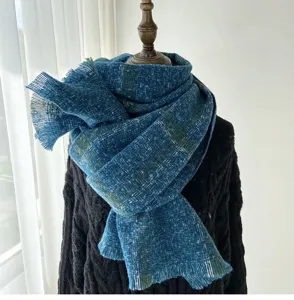 Blue cashmere-feel textured tassel scarf for autumn and winter, warm and thick winter neckerchief.