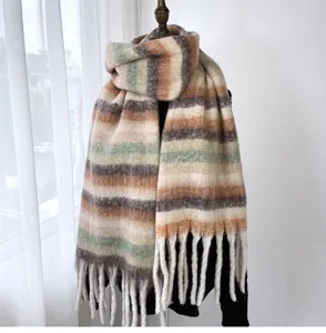 Automne hiver mohair cachemire toucher écharpe rayée franges chaud doux femme foulard