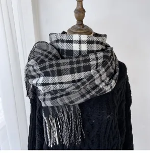 Cozy black and white plaid winter scarf with fringe, warm cashmere-feel wrap.