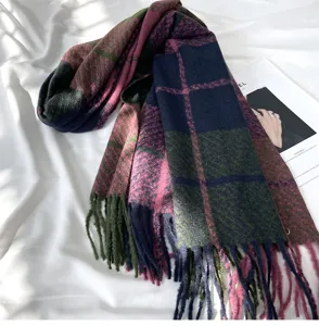 Thickened cashmere-feel plaid tassel scarf for women, cozy winter warm winter accessory.