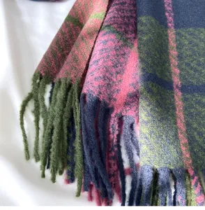 Women thick plaid cashmere-feel winter scarf with fringe detail warm cozy neck wrap