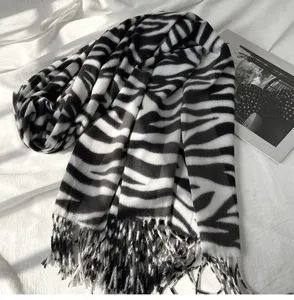 Black and white zebra print cashmere feel scarf detail, cozy winter fringe fashion warm shawl.