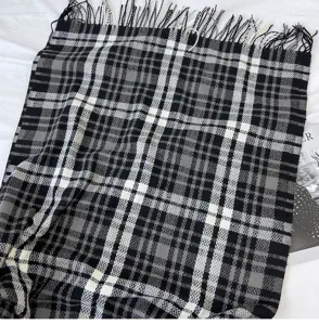 Black and white plaid tartan scarf for women winter warm cashmere feel shawl with cozy tassels.