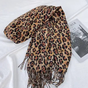 Classic leopard print scarf for women, soft imitation cashmere fringe shawl for autumn winter.