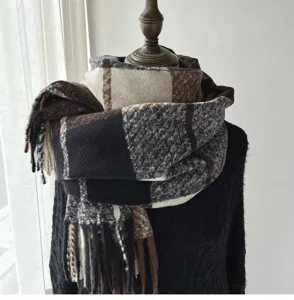 Women's Thickened Cashmere-Feel Plaid Tassel Scarf Winter Warm Neckerchief Shawl